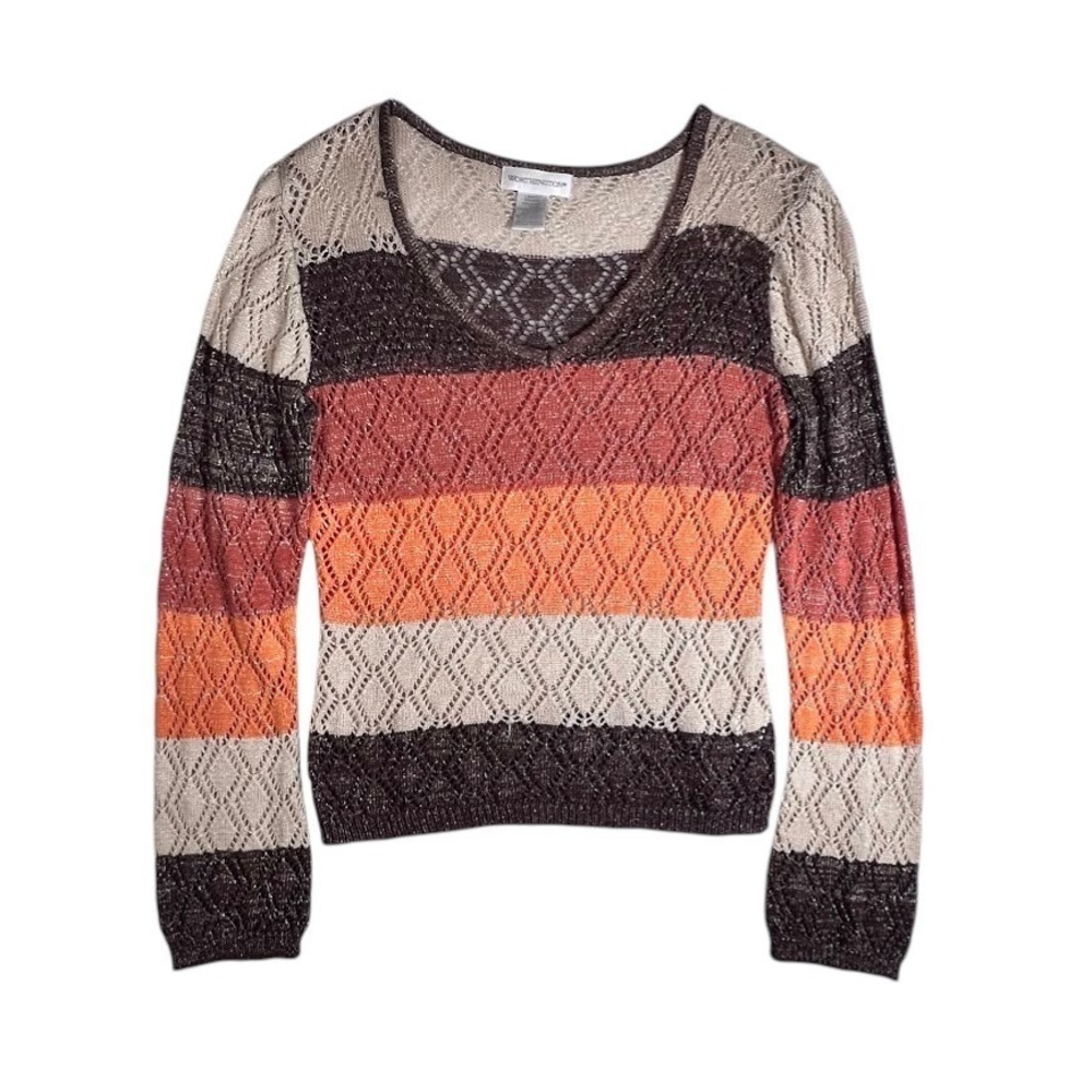Open Knit Sweater Pointelle Striped Metallic Lightweight Boho Fitted Top Large